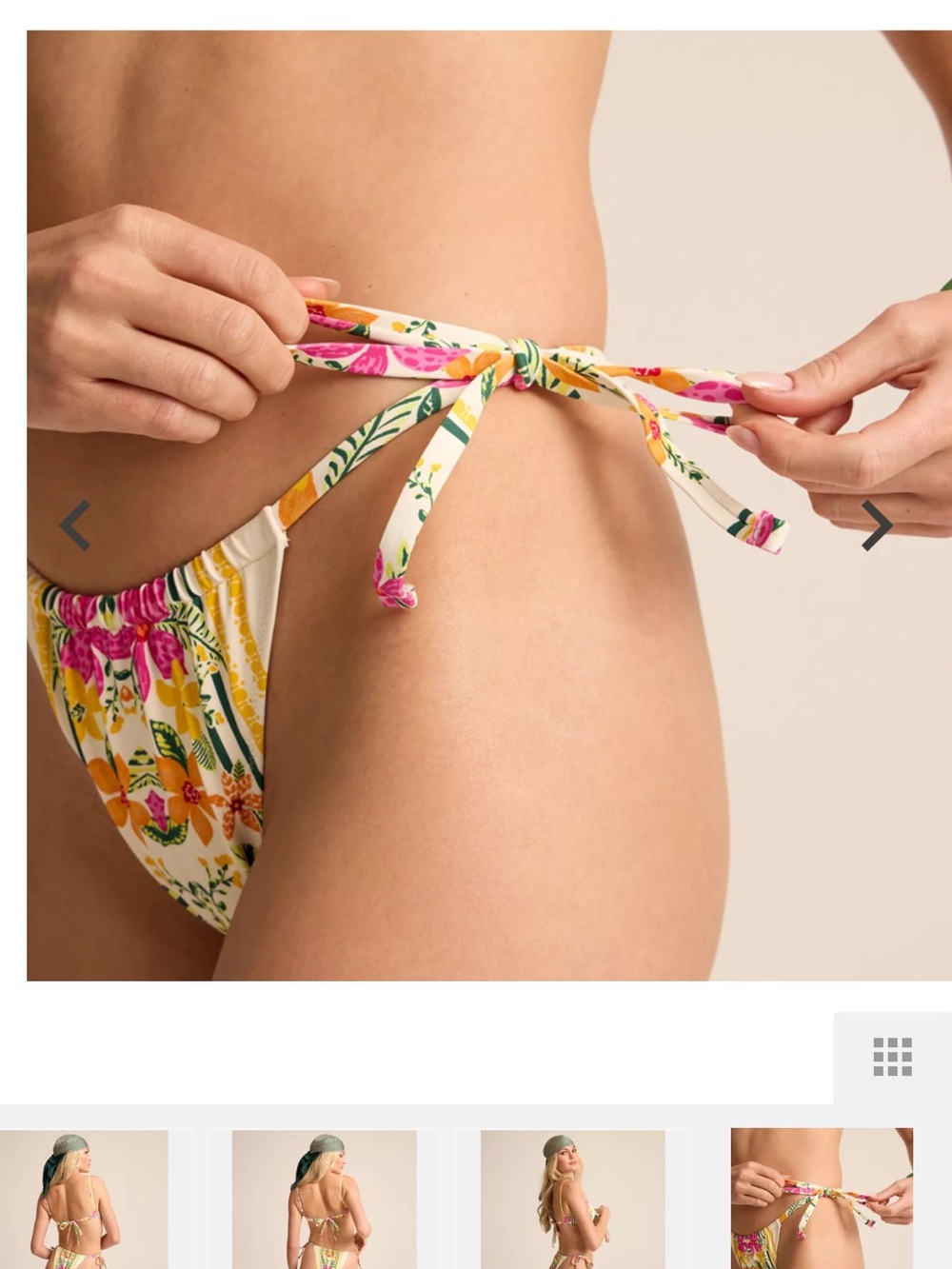 Tie-Side Floral Bikini Bottom - Cream with Pink & Yellow - L